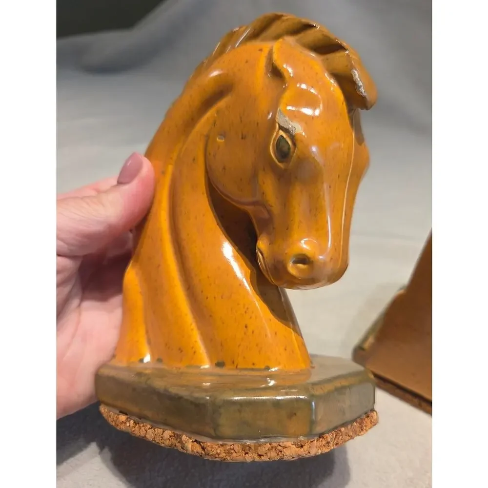 Vtg Pair Horse Head Ceramic Bookends Trojan Art Deco Cork Bottom